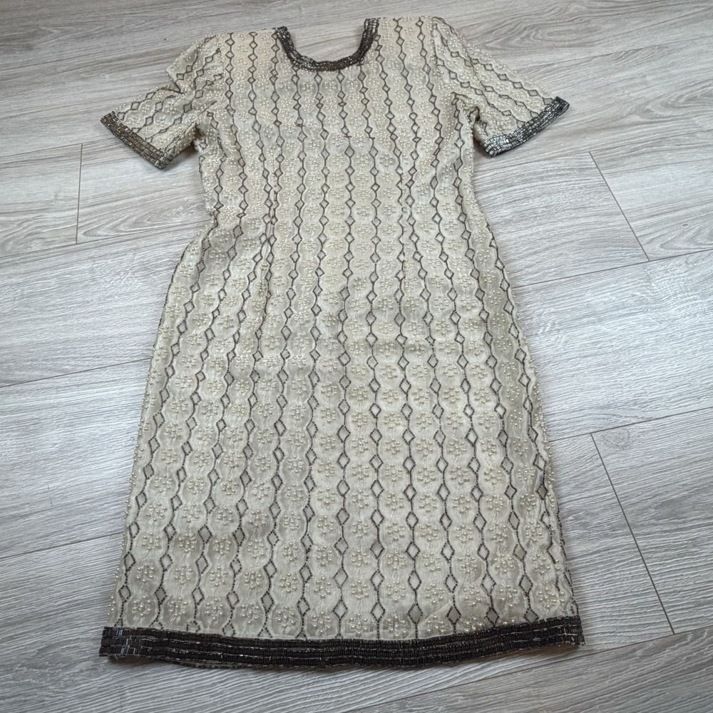 Stenay Vintage Beaded Pearl Cocktail Dress Cream Bronze Geometric Size 6